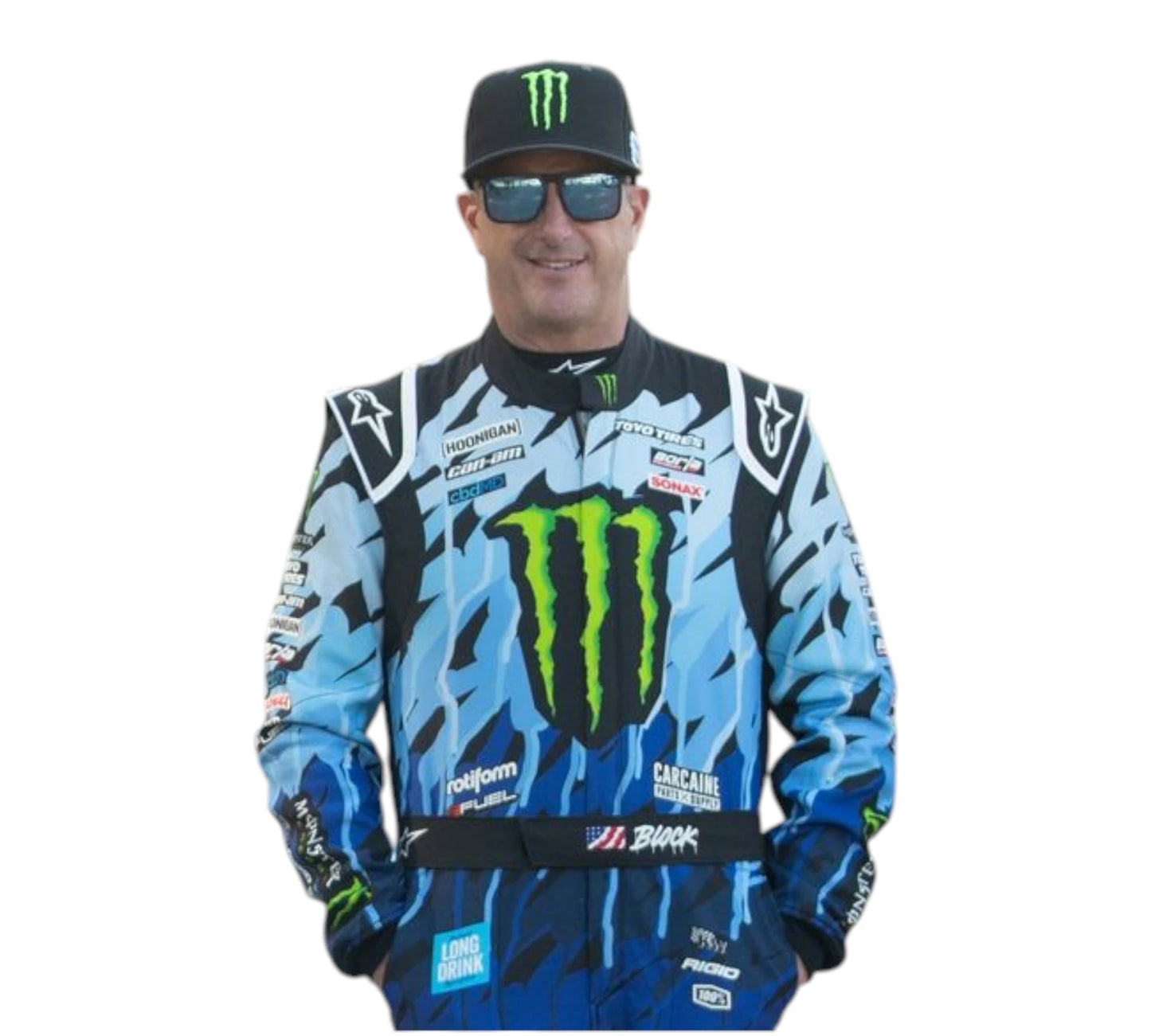 Person wearing a blue racing suit with Monster Energy logo on a white background