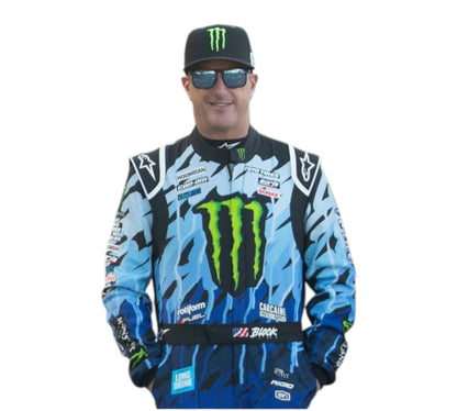 Person wearing a blue racing suit with Monster Energy logo on a white background