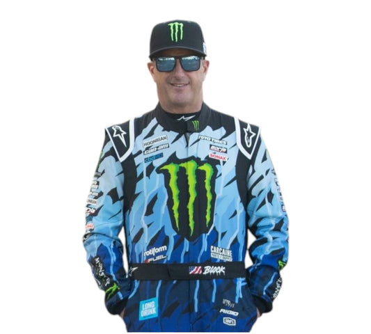 Person wearing a blue racing suit with Monster Energy logo on a white background