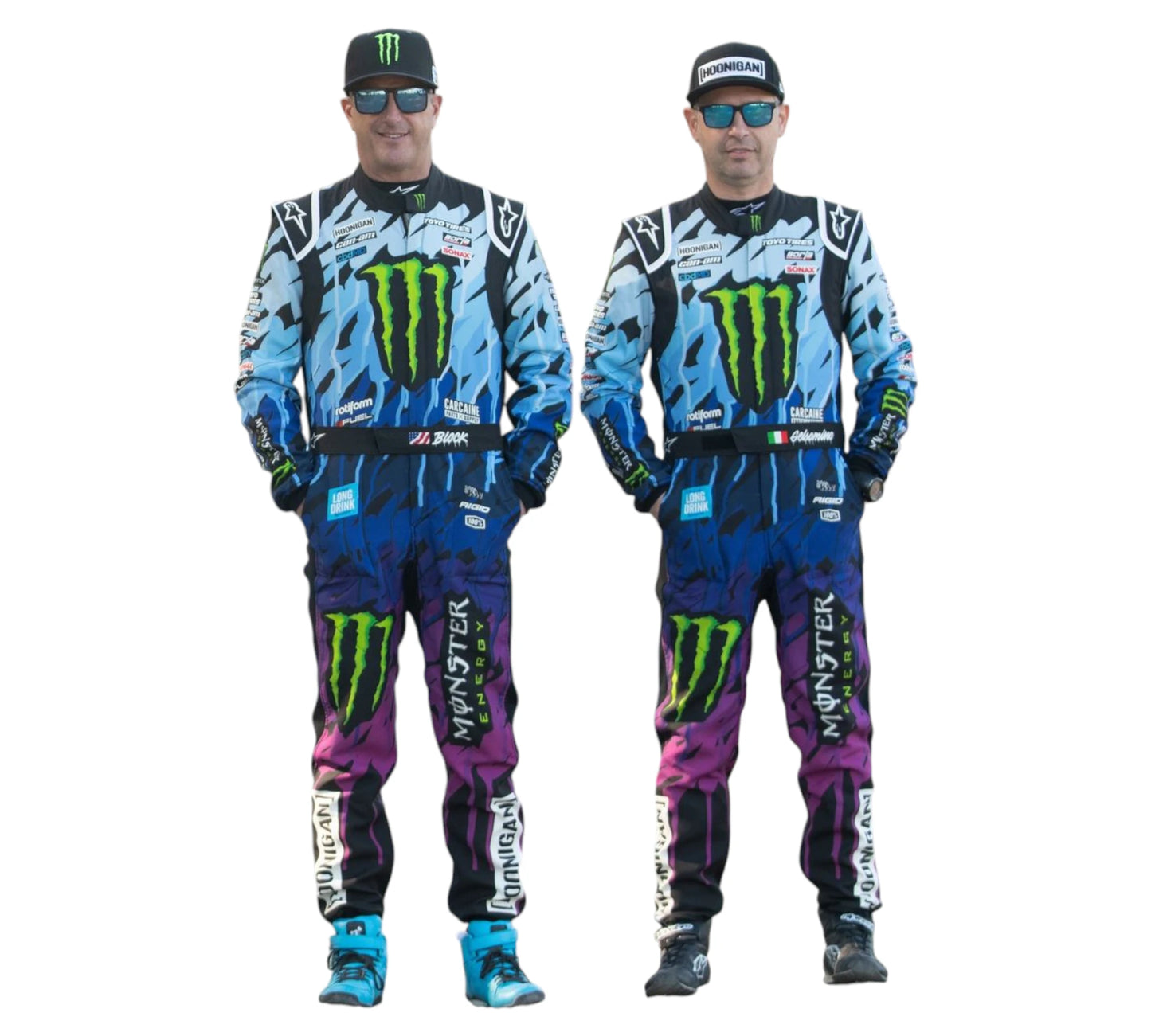Two individuals wearing matching colorful racing suits with Monster Energy logo on a white background