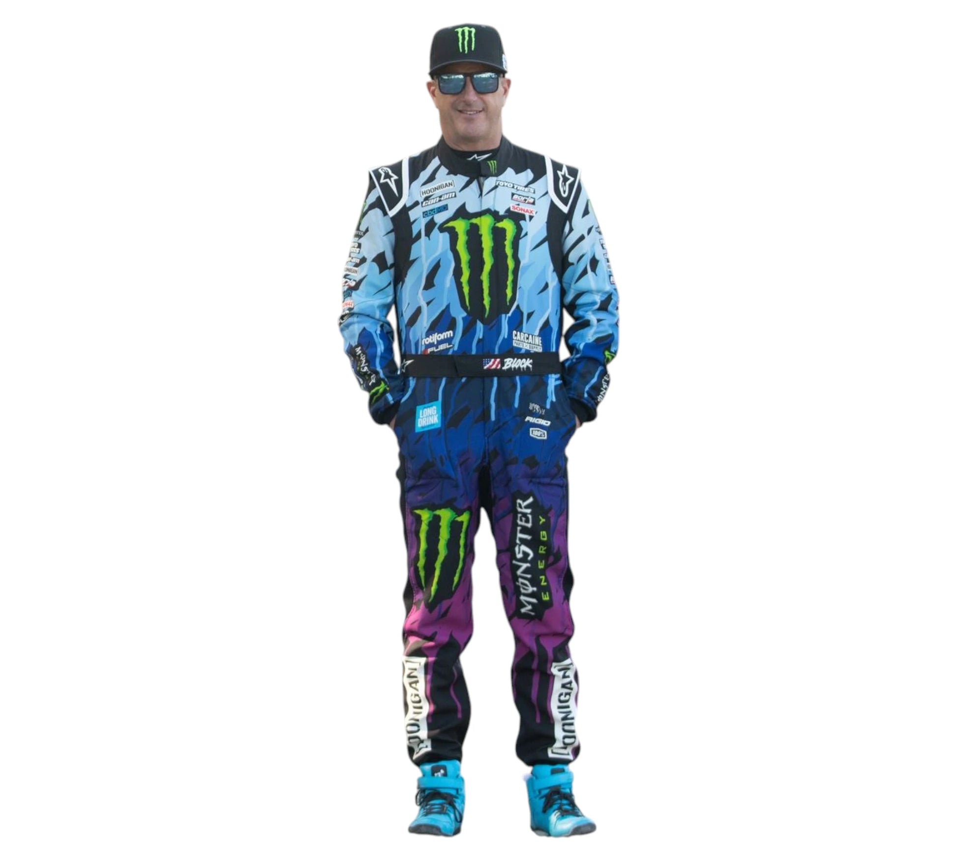 Person wearing a colorful racing suit with Monster Energy branding on a white background