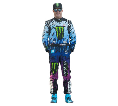 Person wearing a colorful racing suit with Monster Energy branding on a white background