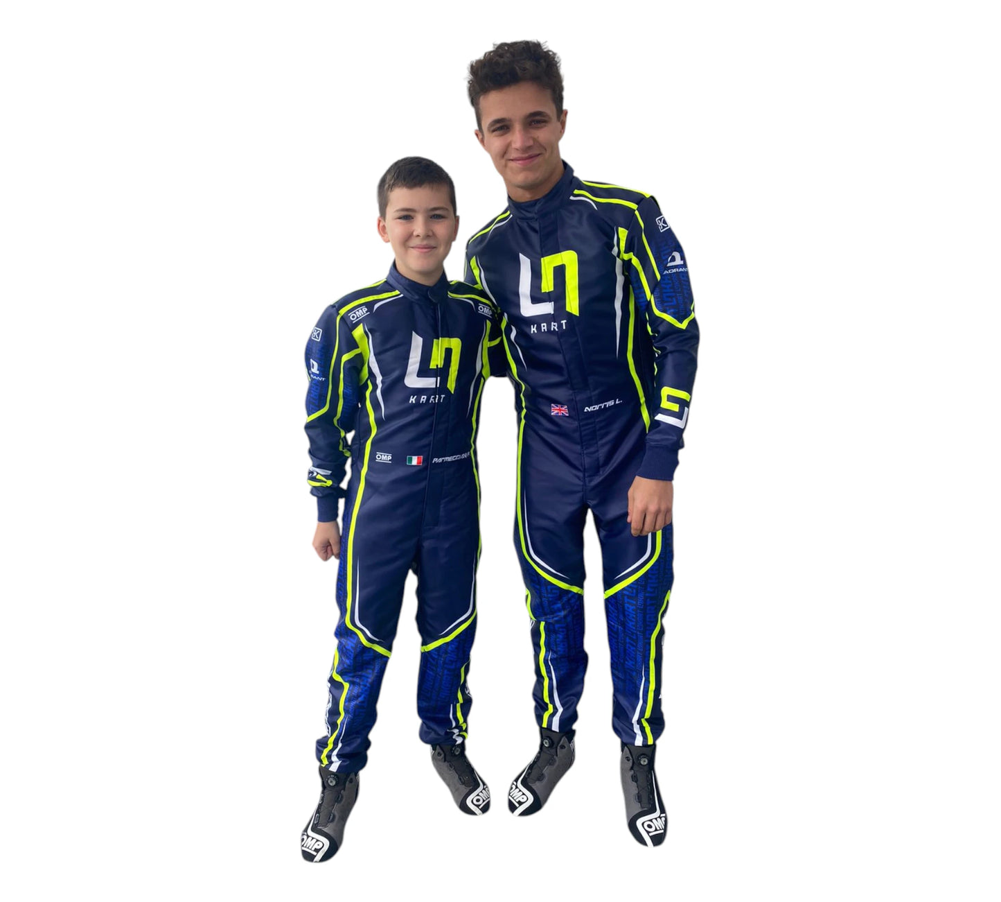 Two individuals wearing matching blue racing suits with neon yellow accents on a white background.