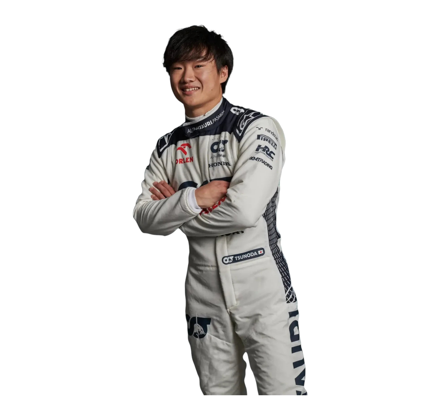 Person wearing a racing suit with visible branding on a white background