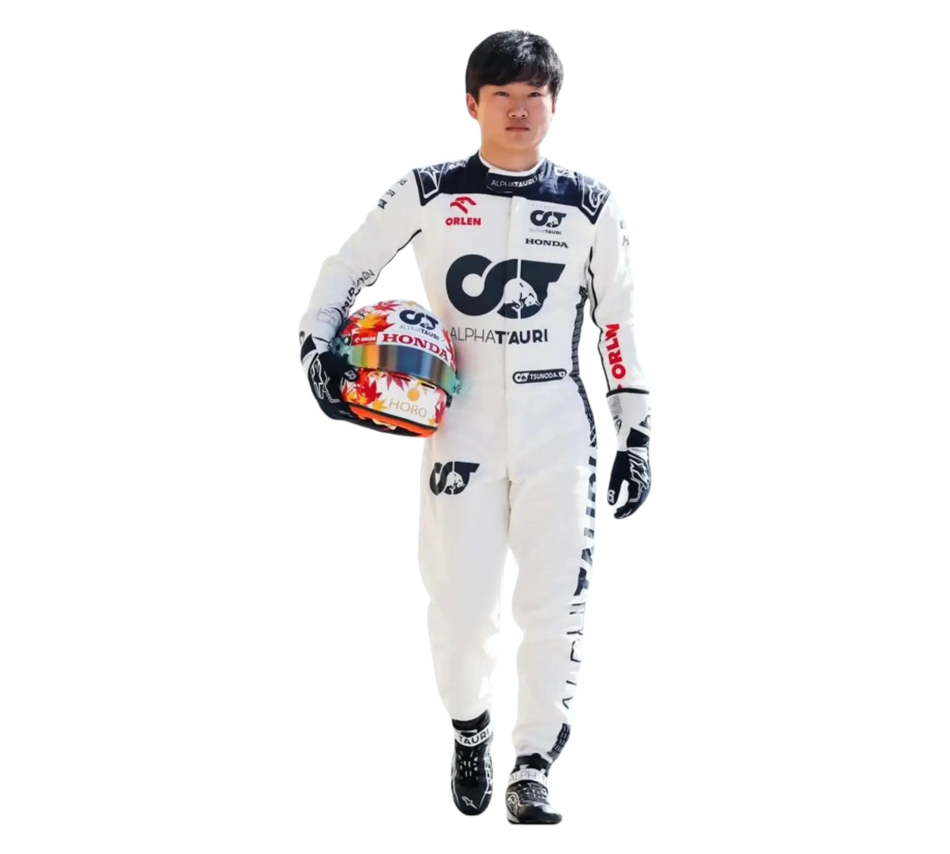 Person wearing a racing suit with various sponsor logos on a white background