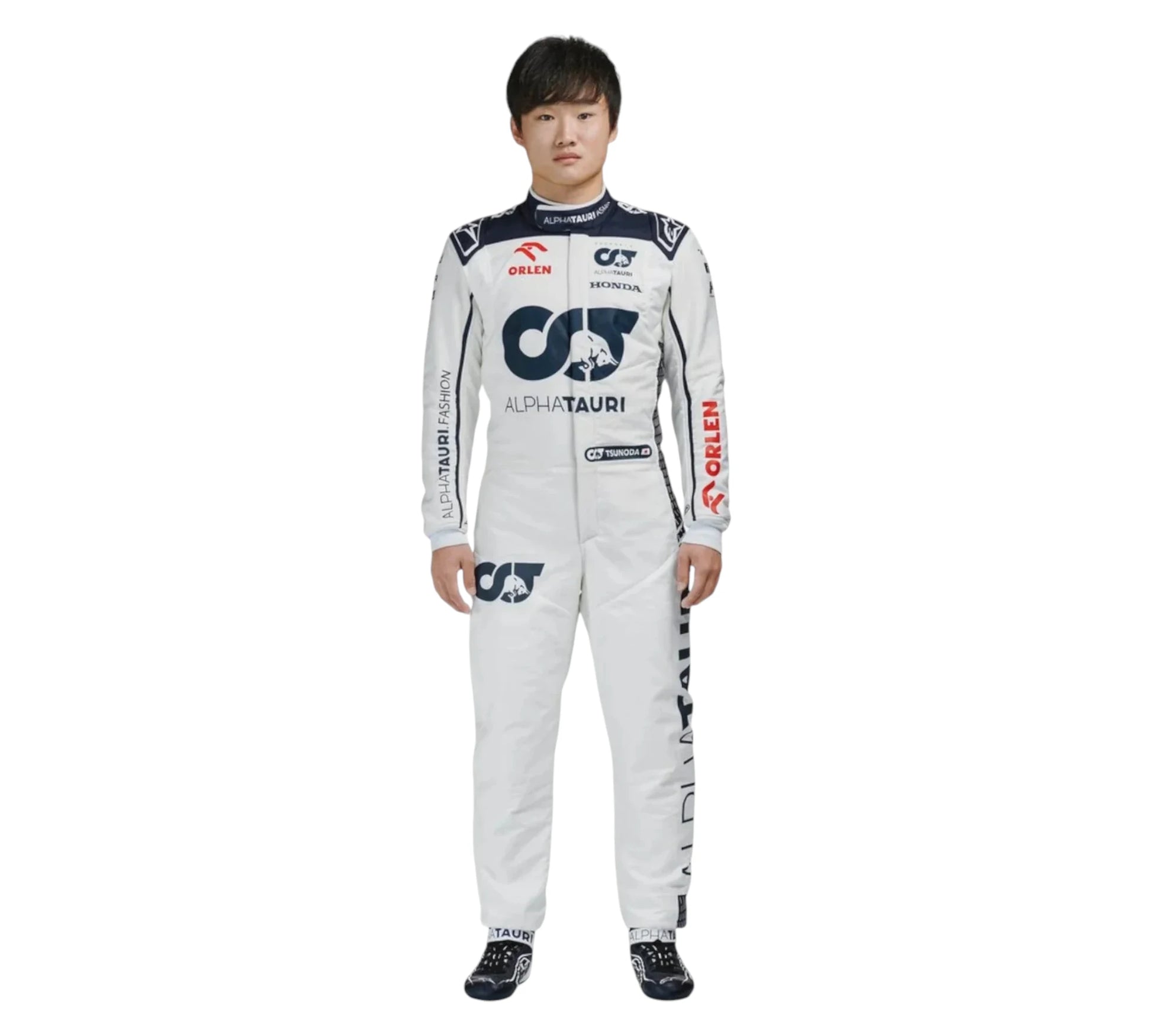 Person wearing a white racing suit with AlphaTauri and other sponsor logos on a white background