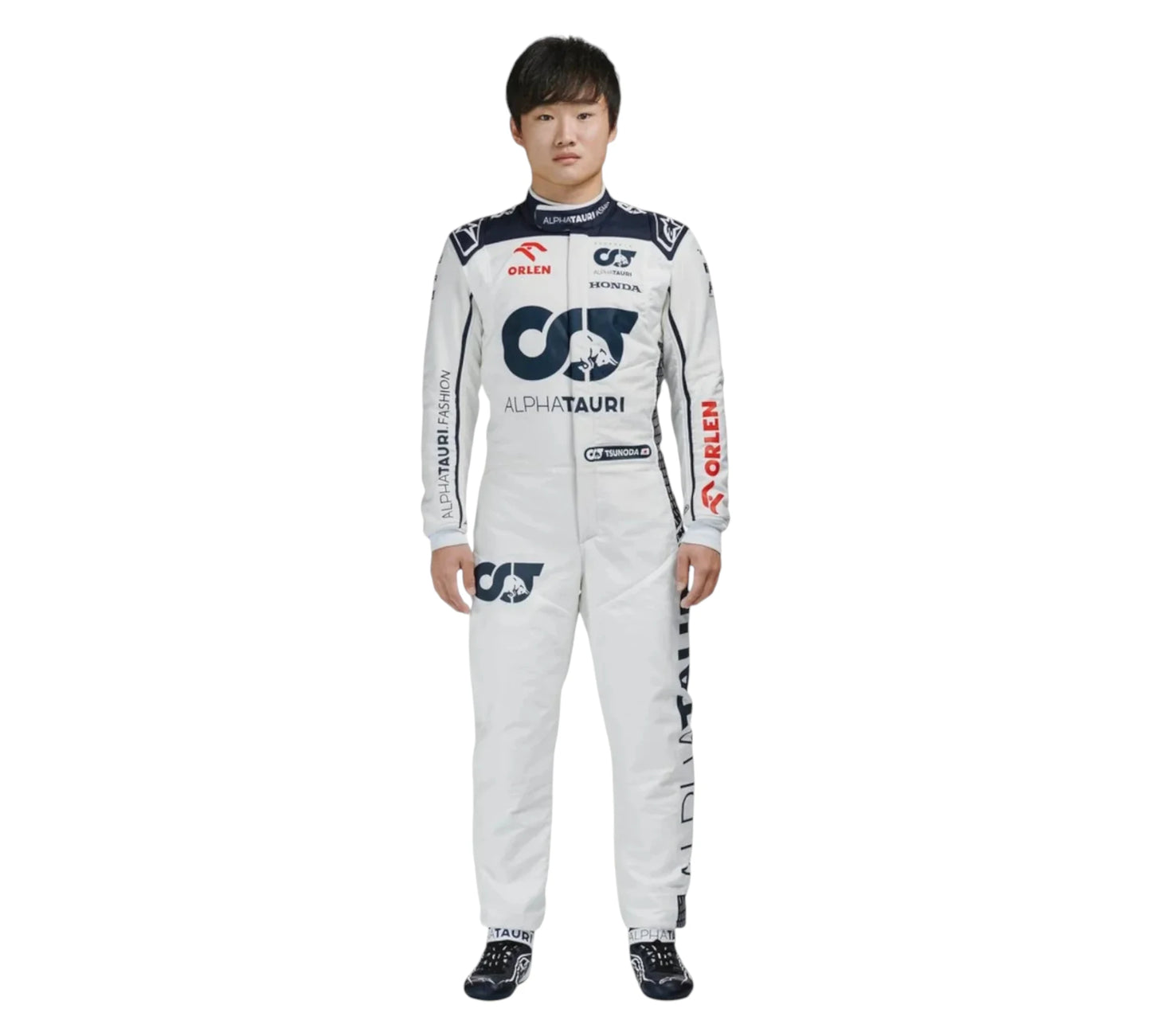 Person wearing a white racing suit with AlphaTauri and other sponsor logos on a white background