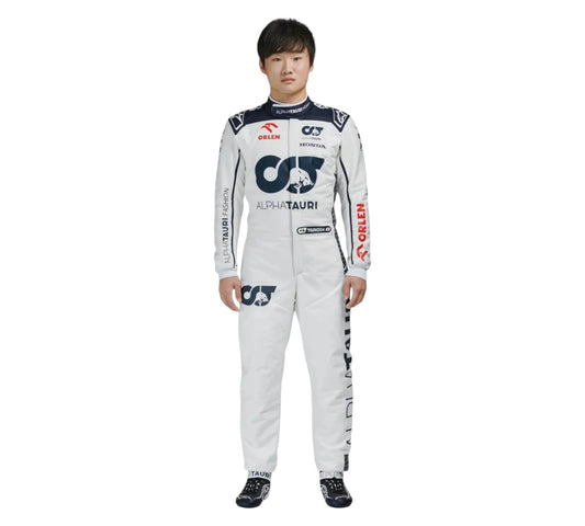 Person wearing a white racing suit with AlphaTauri and other sponsor logos on a white background