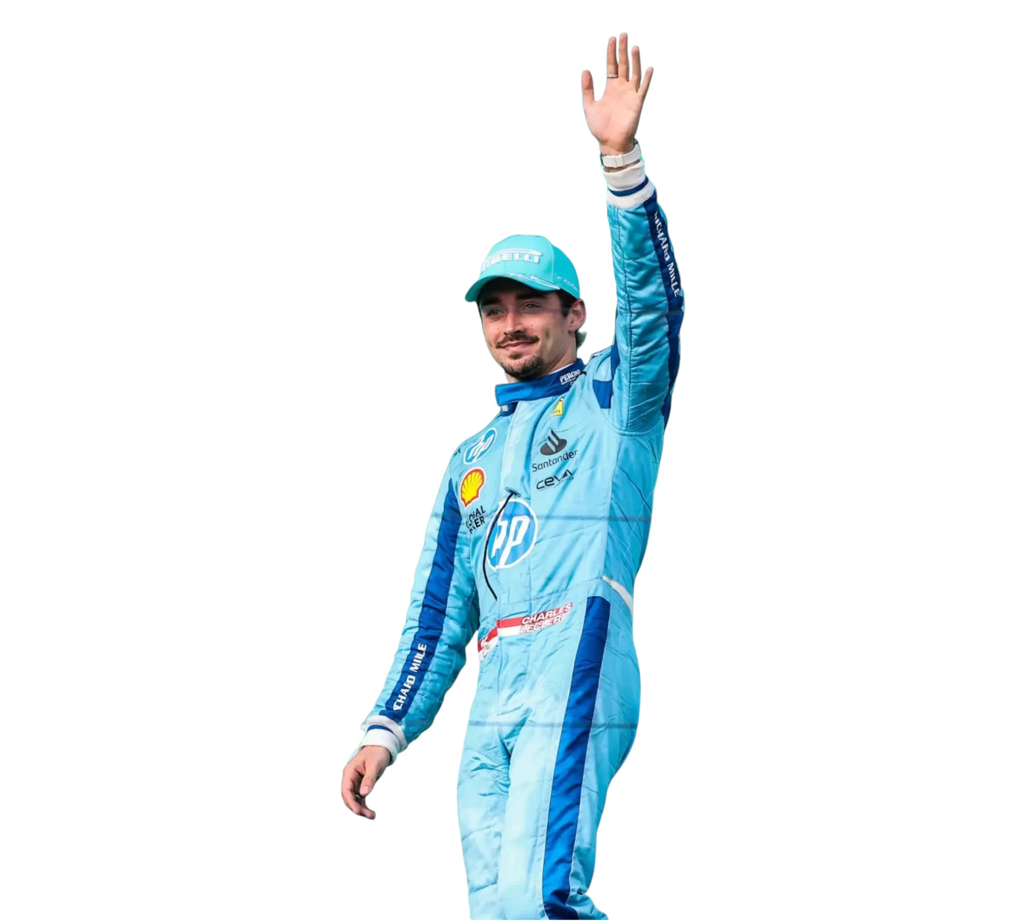 Person in a blue racing suit with a helmet, waving on a white background