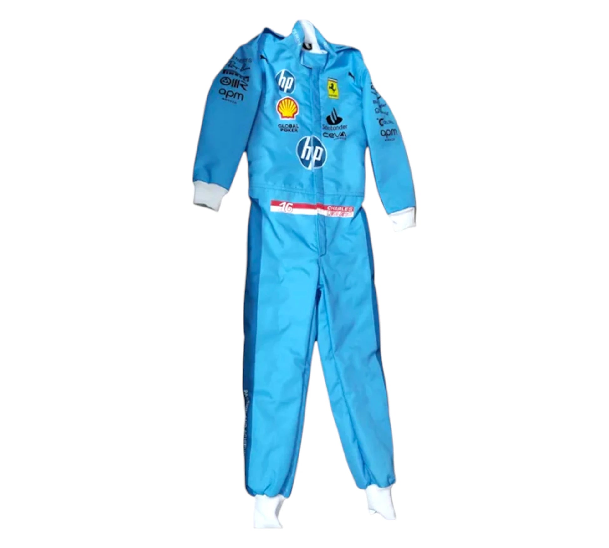 Blue racing suit with various logos on a white background