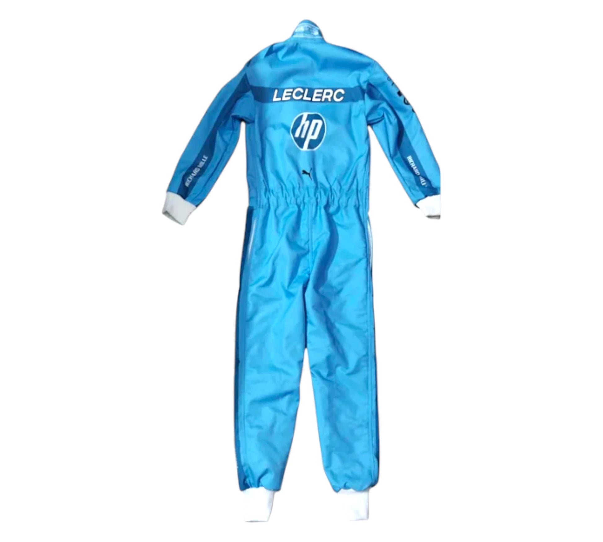 Blue racing suit with HP and Leclerc branding on a white background