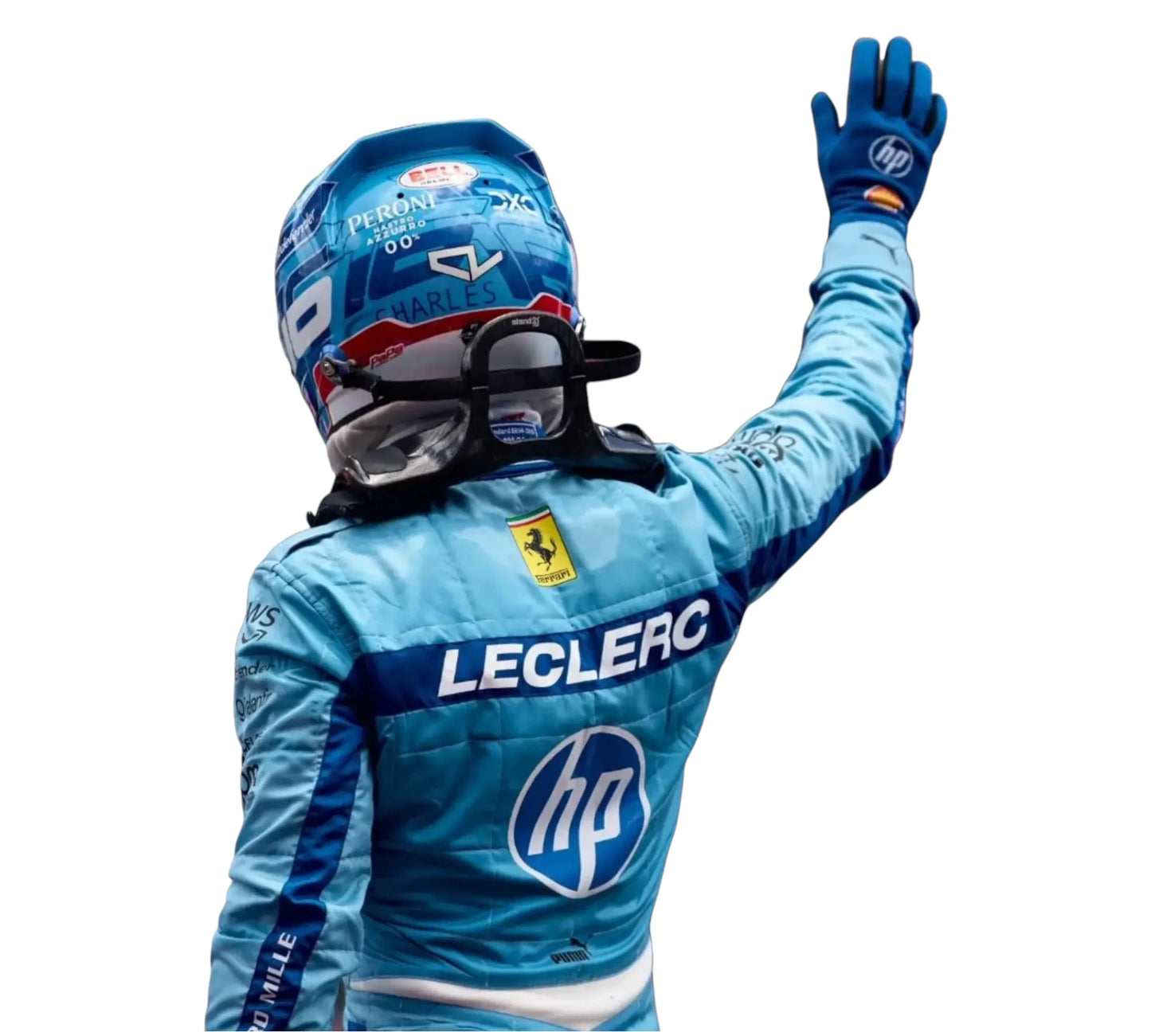 Person wearing a blue racing suit with 'Leclerc' and 'hp' logos on a white background