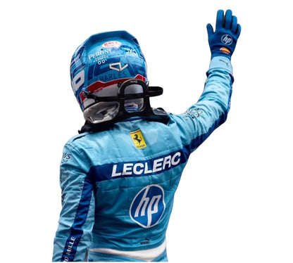 Person wearing a blue racing suit with 'Leclerc' and 'hp' logos on a white background