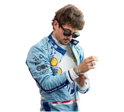 Person wearing a racing suit with various sponsor logos on a white background