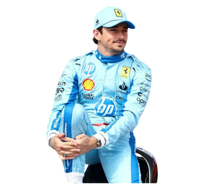 Person wearing a blue racing suit with various sponsor logos on a white background