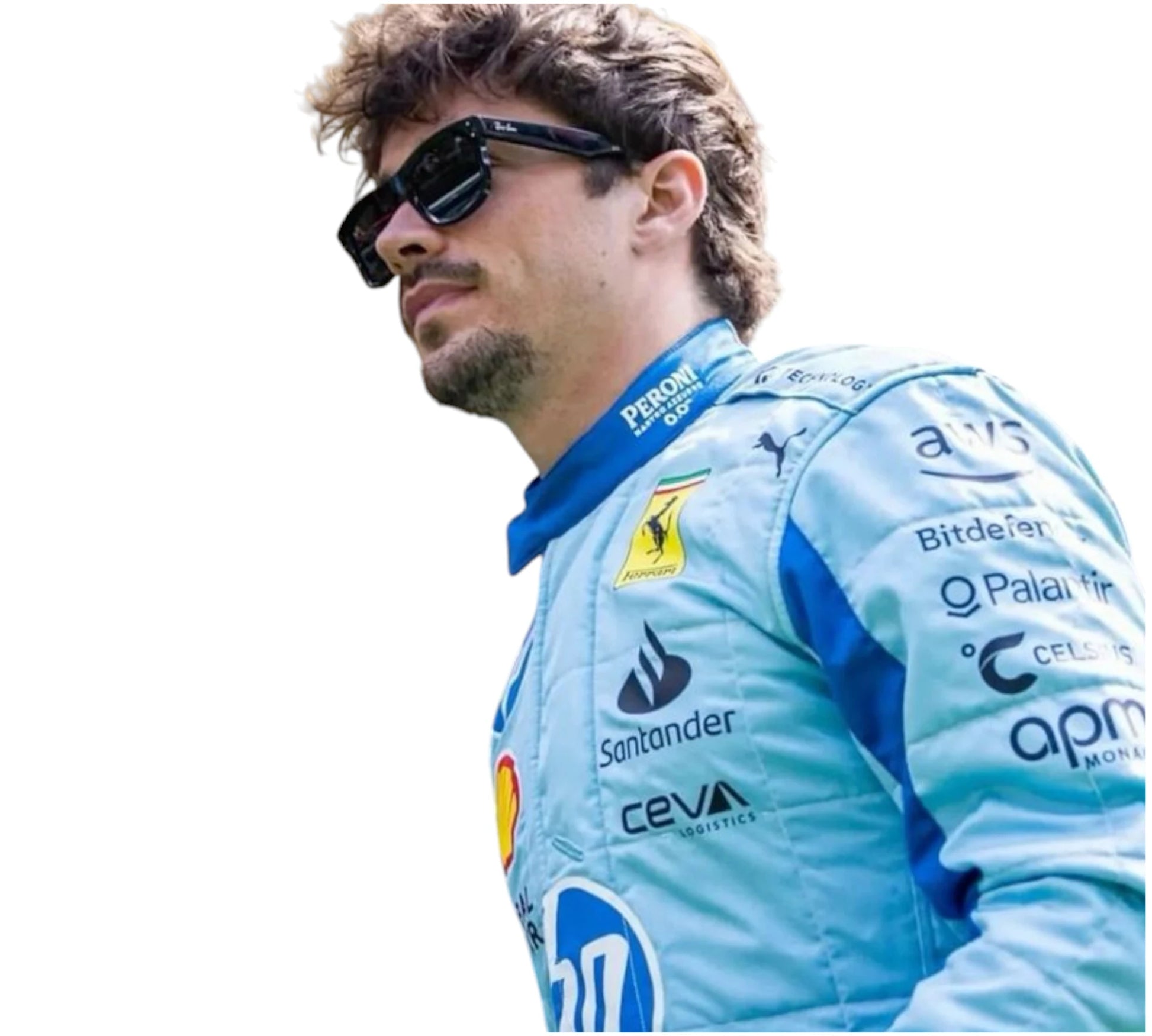 Person wearing a light blue racing suit with various sponsor logos on a white background