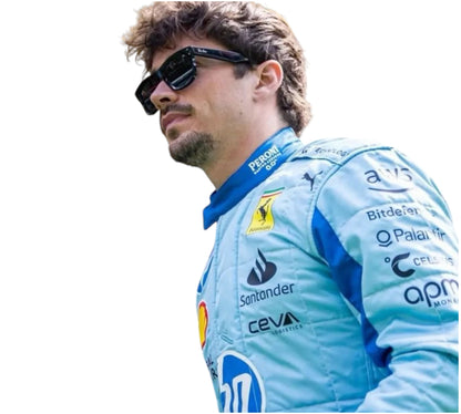 Person wearing a light blue racing suit with various sponsor logos on a white background