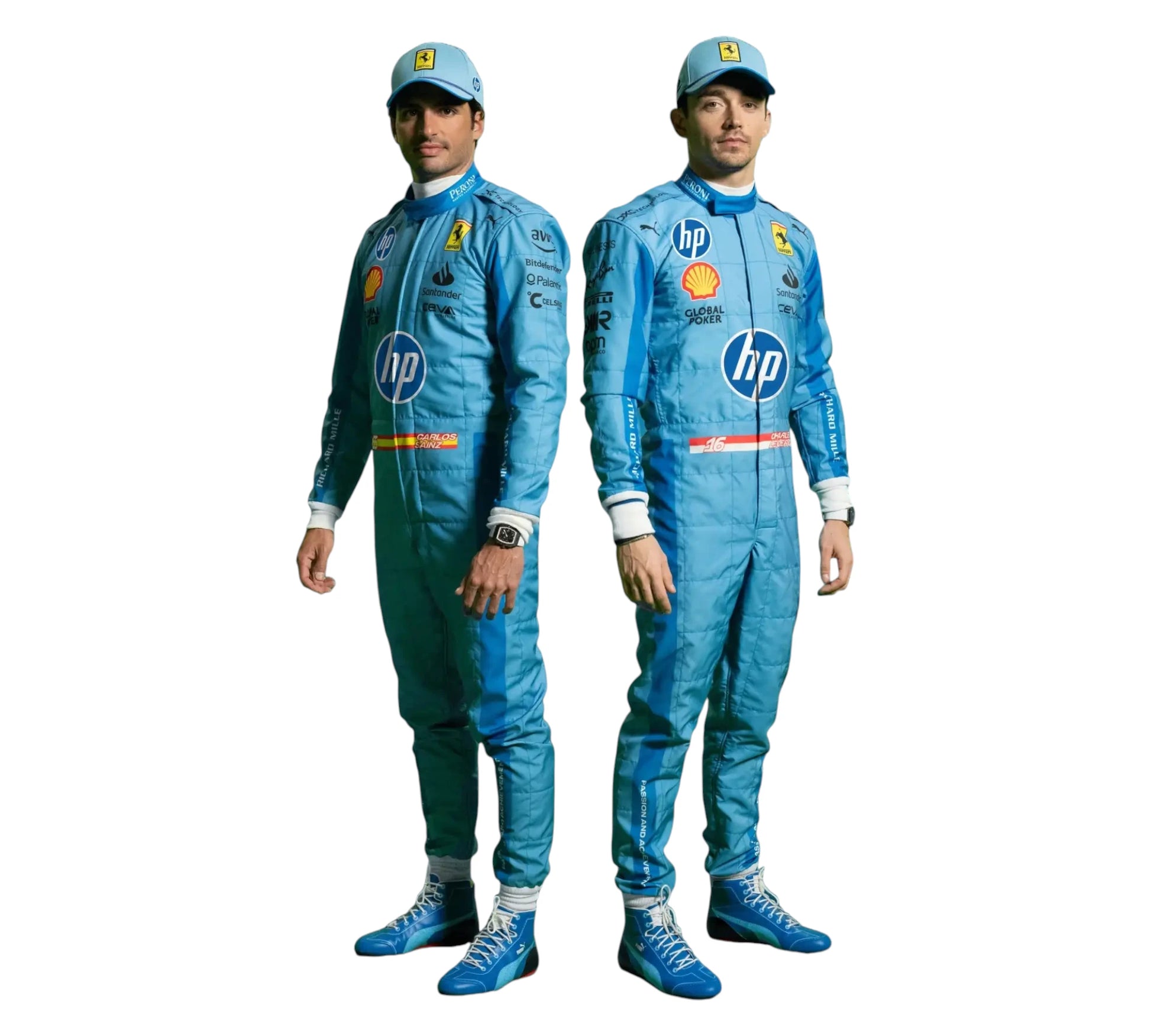 Two individuals wearing matching blue racing suits with various logos on a white background