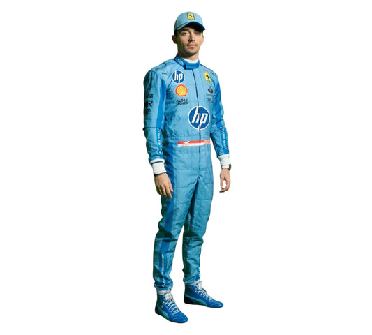 Person wearing a blue racing suit with HP and Shell logos on a white background