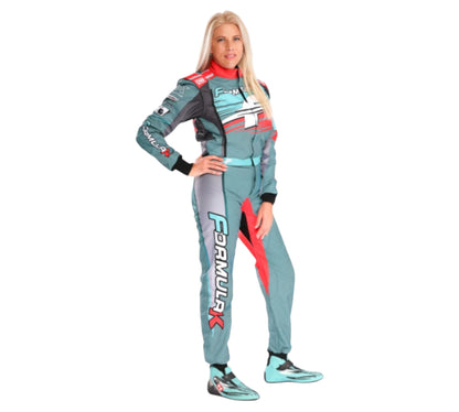 Person wearing a teal and red racing suit with 'Formula' branding on a white background