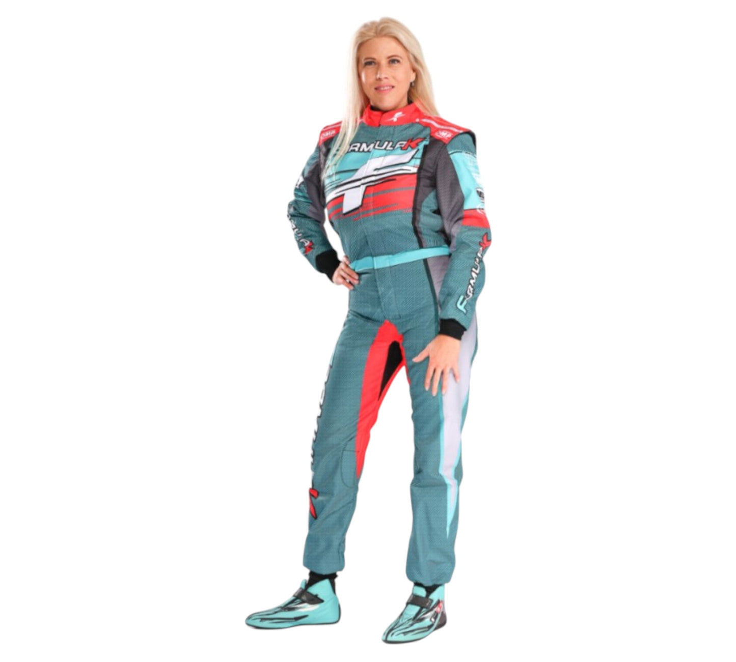 Person wearing a teal and red racing suit on a white background