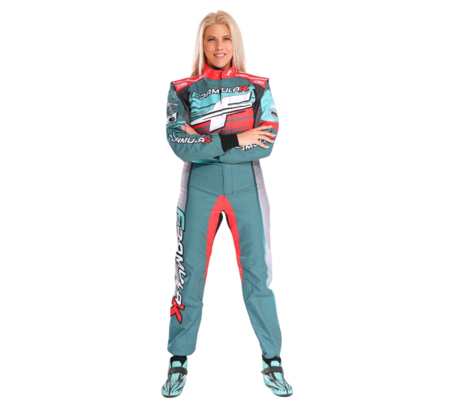 Person wearing a teal racing suit with red and white accents on a white background