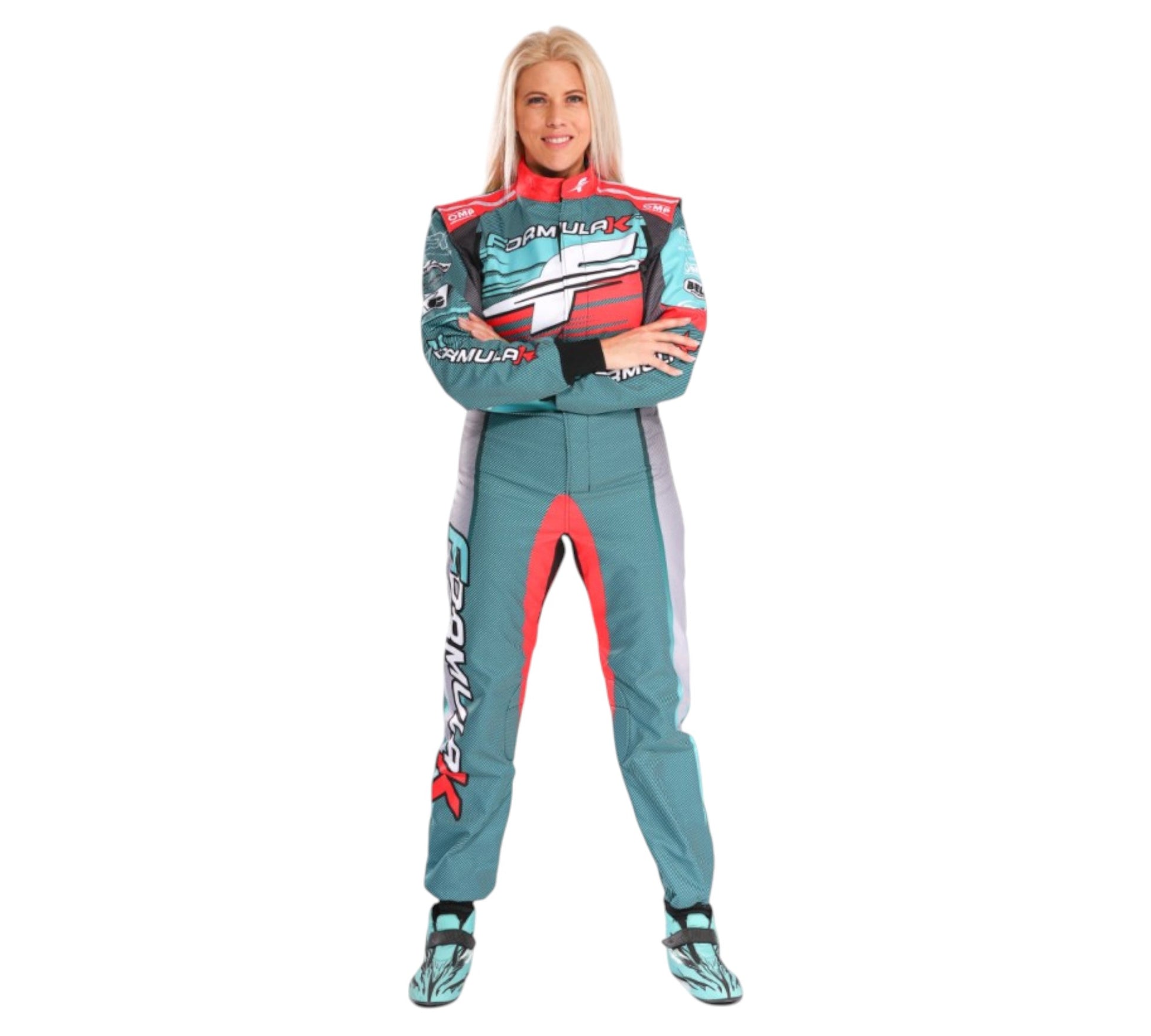 Person wearing a teal racing suit with red and white accents on a white background