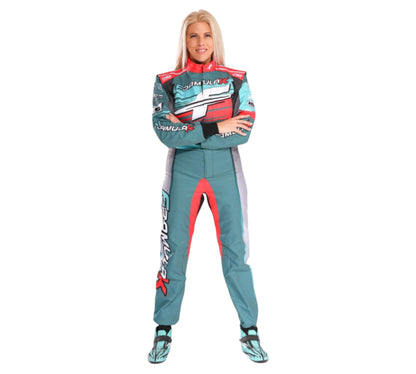 Person wearing a teal racing suit with red and white accents on a white background