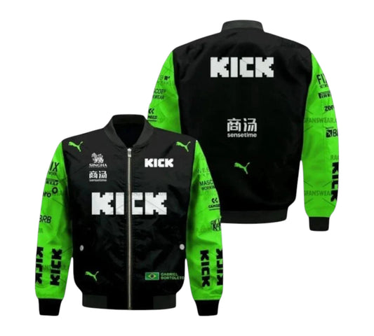 Black and green jacket with 'KICK' branding on a white background