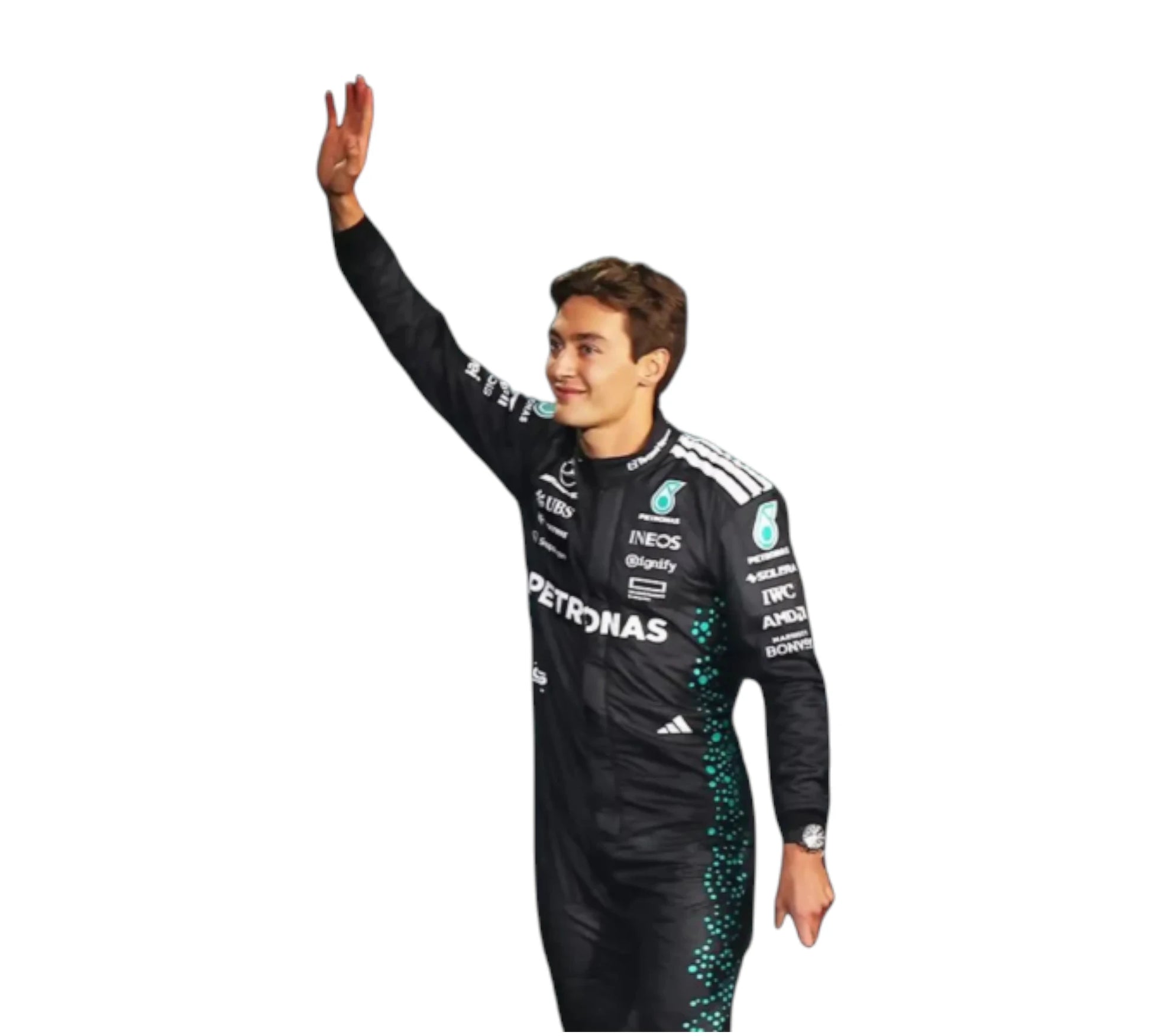 Person wearing a black racing suit with sponsor logos on a white background