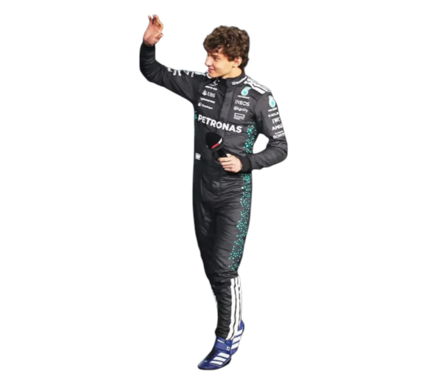 Person in a racing suit with Petronas branding on a white background