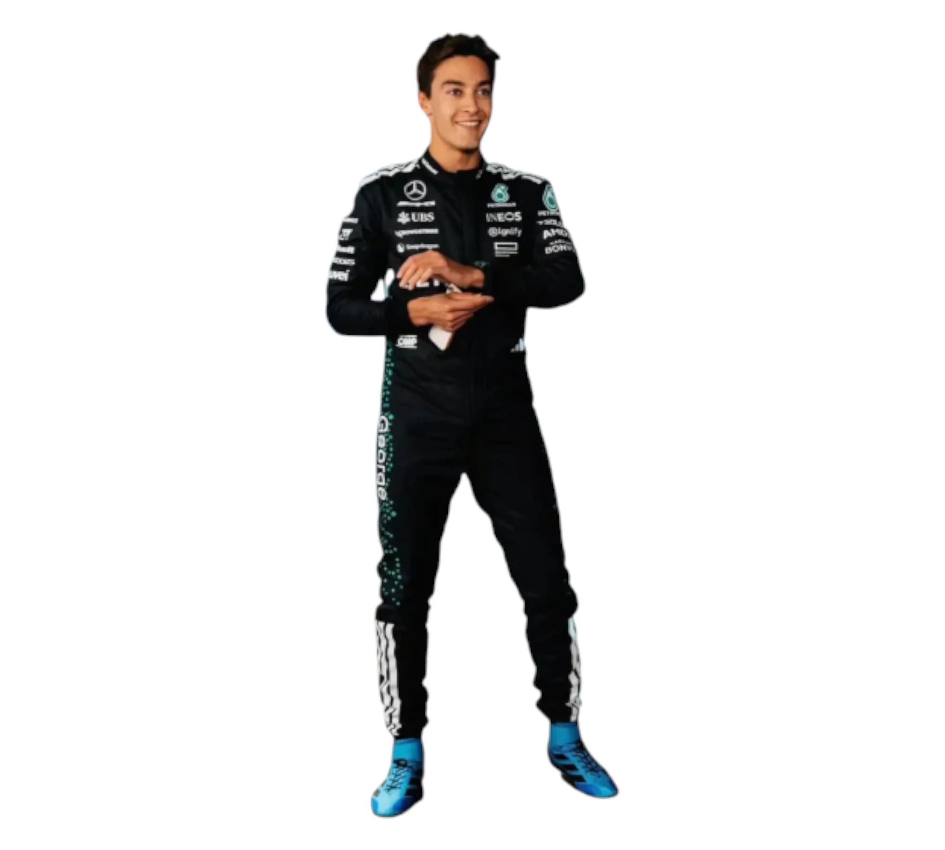 Person wearing a black racing suit with sponsor logos on a white background