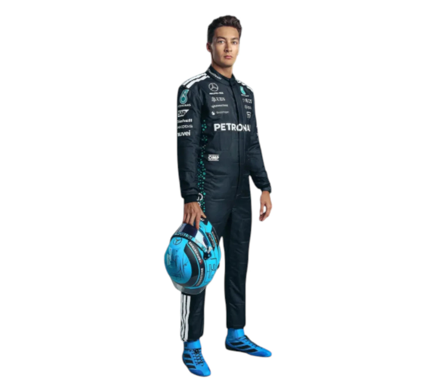 Person wearing a racing suit with Petronas branding holding a helmet on a white background