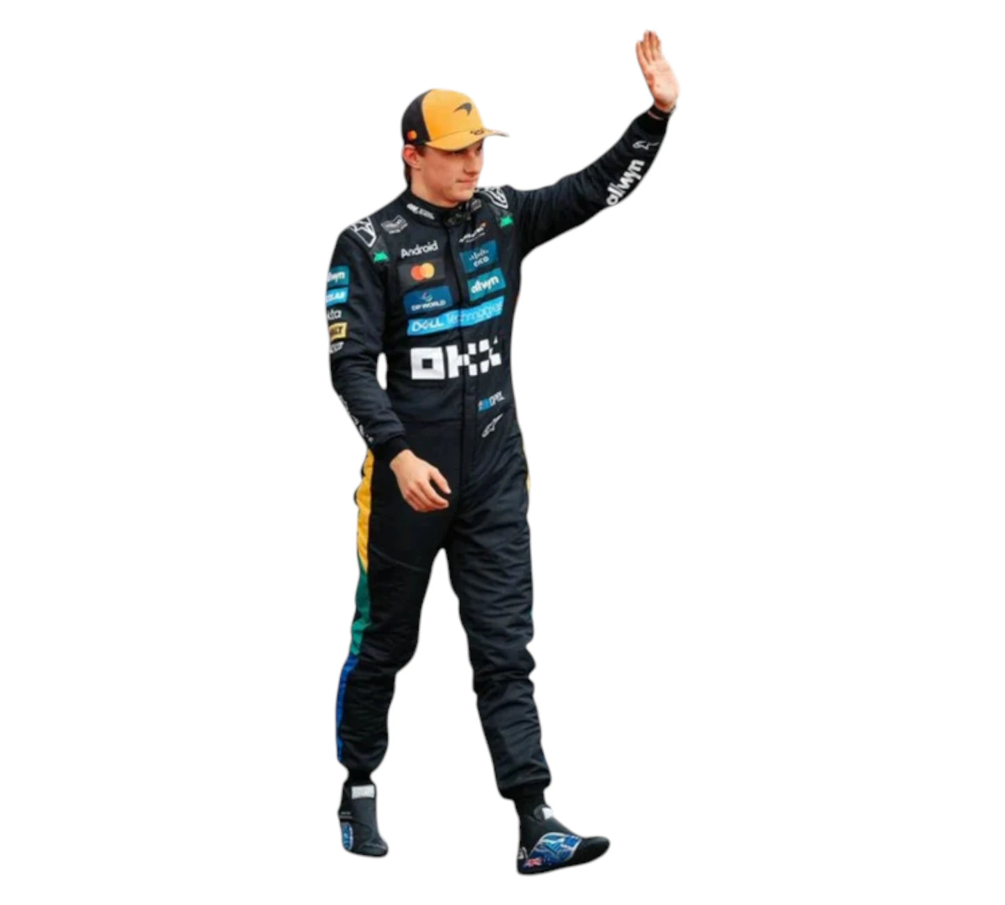 Person in a racing suit with various sponsor logos on a white background