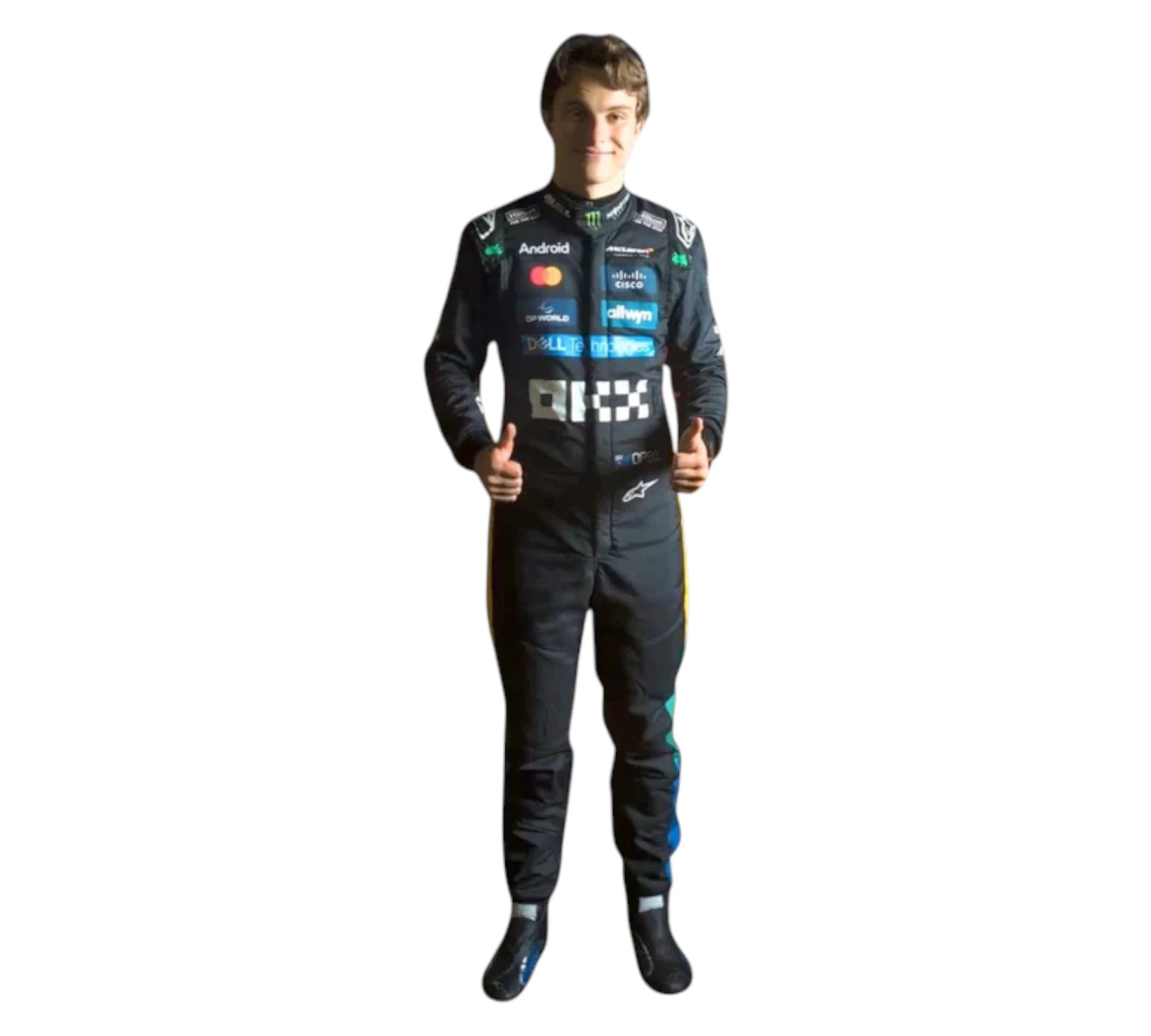 Person wearing a racing suit with various brand logos on a white background