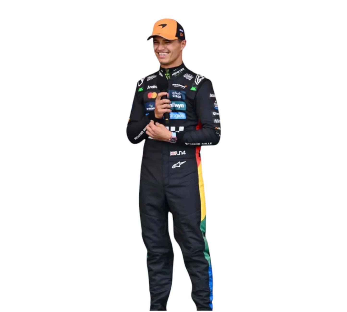 Person wearing a racing suit with various sponsor logos on a white background