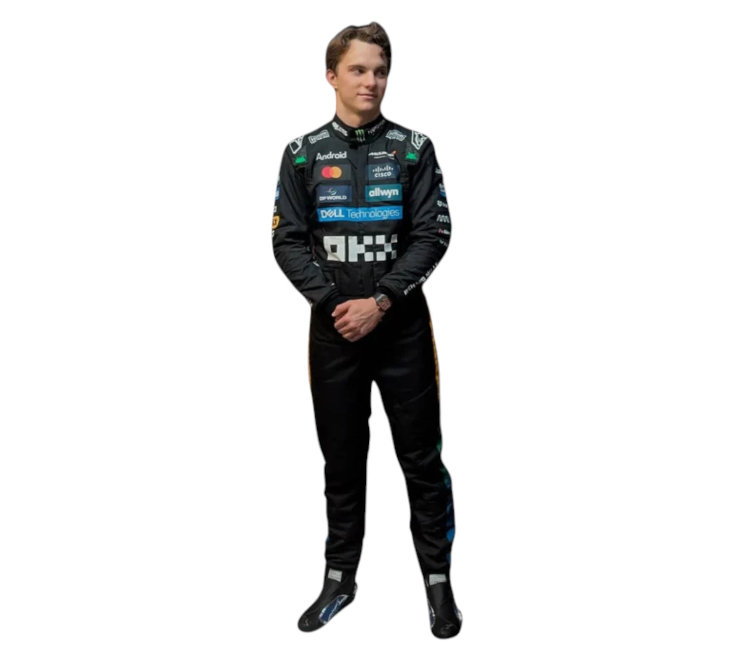 Person wearing a black racing suit with various sponsor logos on a white background