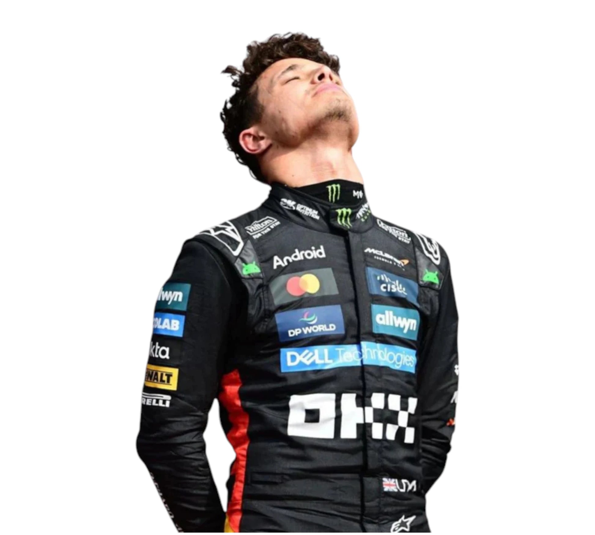Person wearing a black racing suit with various sponsor logos on a white background