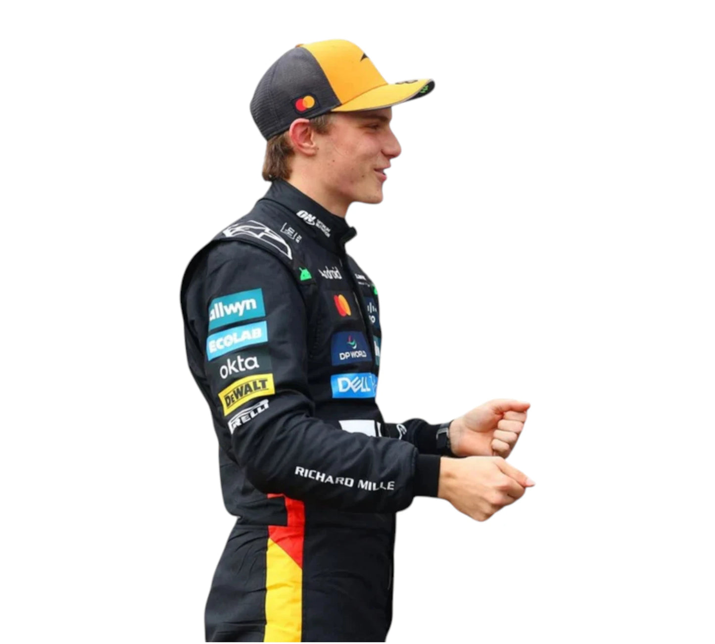 Person wearing a racing suit with various sponsor logos on a white background