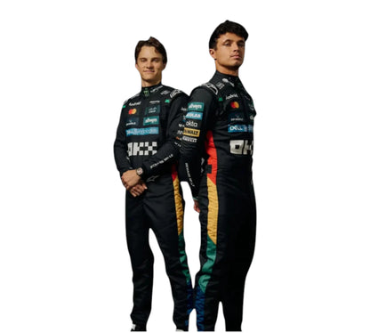 Two individuals wearing racing suits with various sponsor logos on a white background