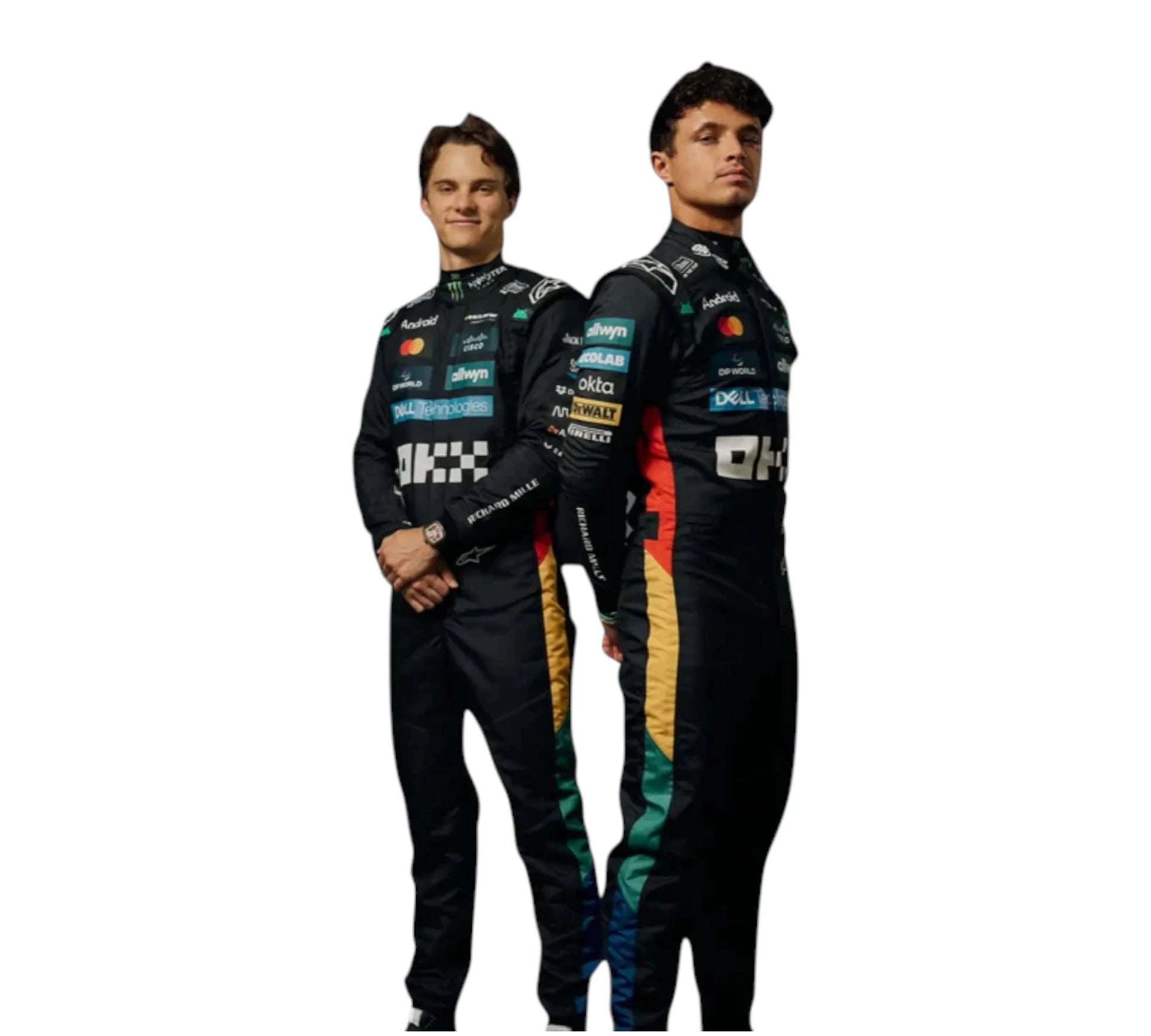 Two individuals wearing racing suits with various sponsor logos on a white background