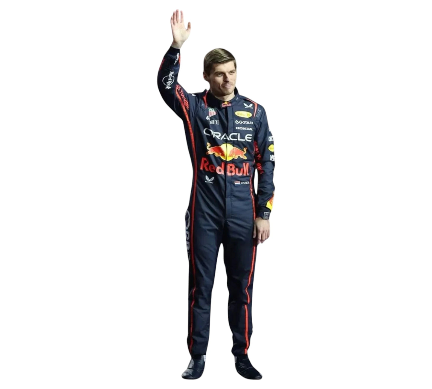 Person wearing a Formula 1 racing suit with Oracle and Red Bull logos on a white background