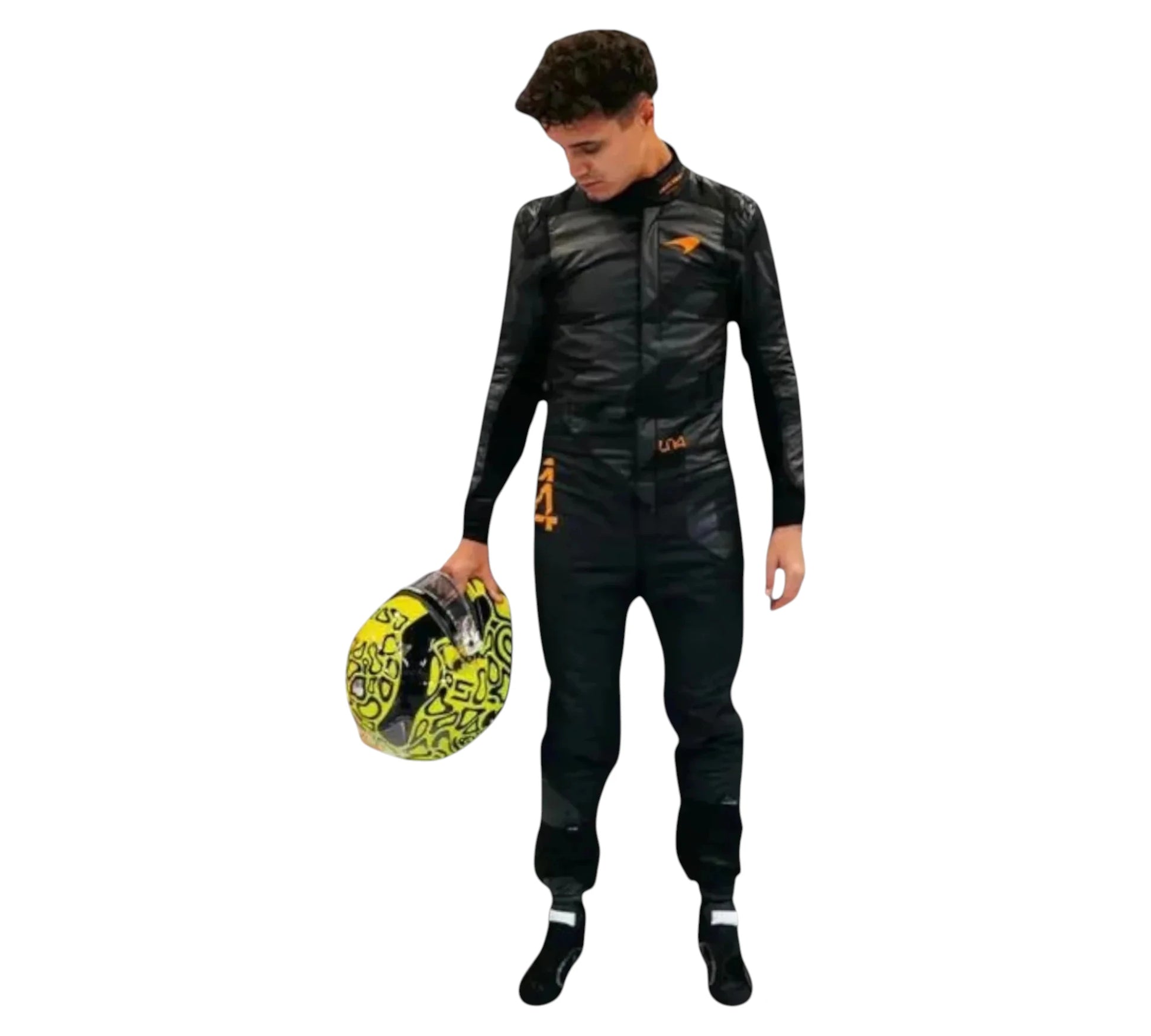 Person wearing a black racing suit holding a yellow helmet on a white background