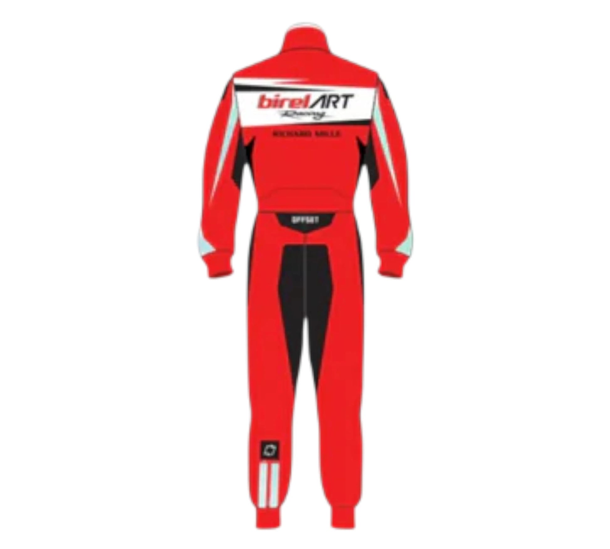 Red racing suit with visible branding on a white background