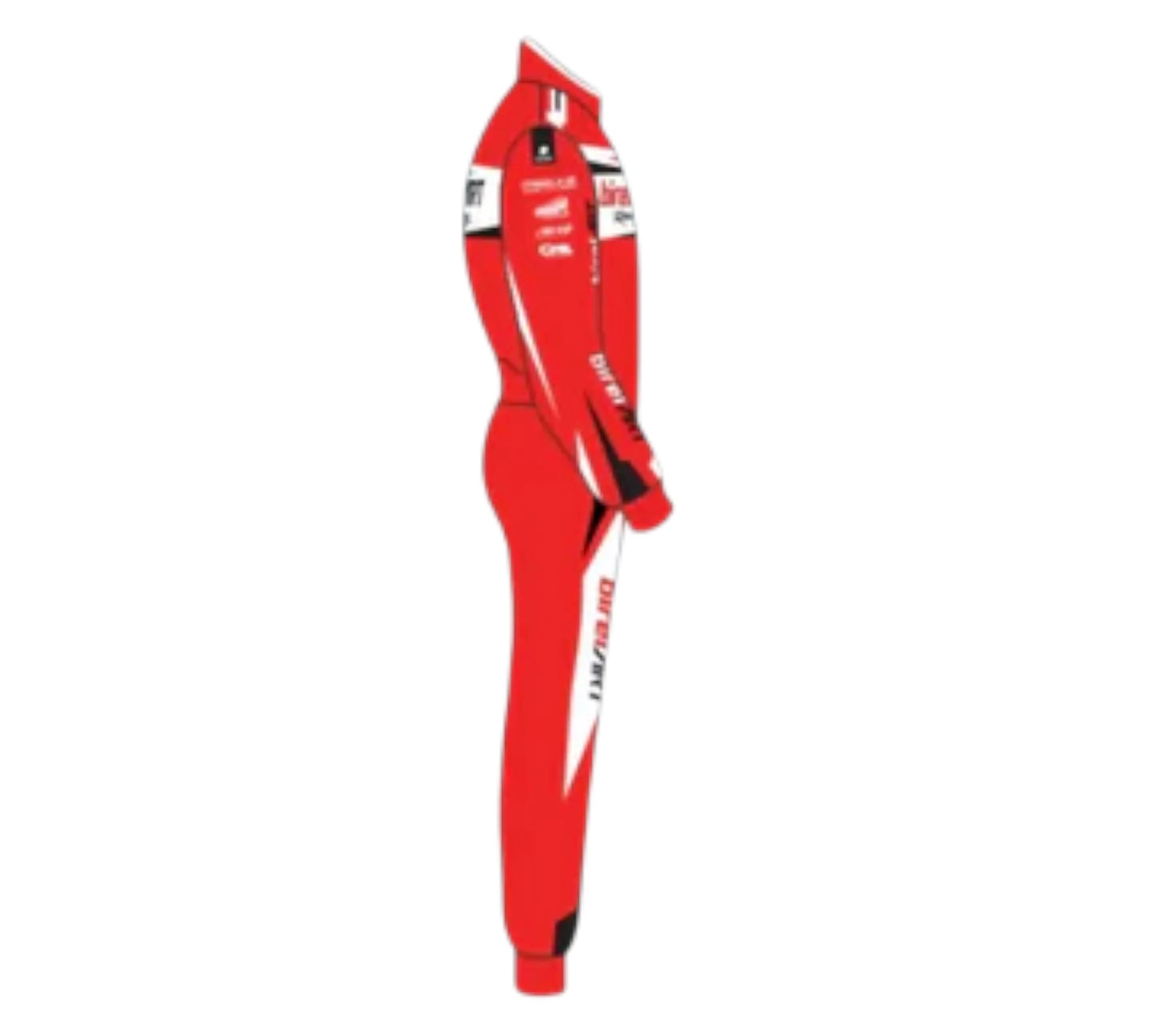 Red racing suit with branding on a white background