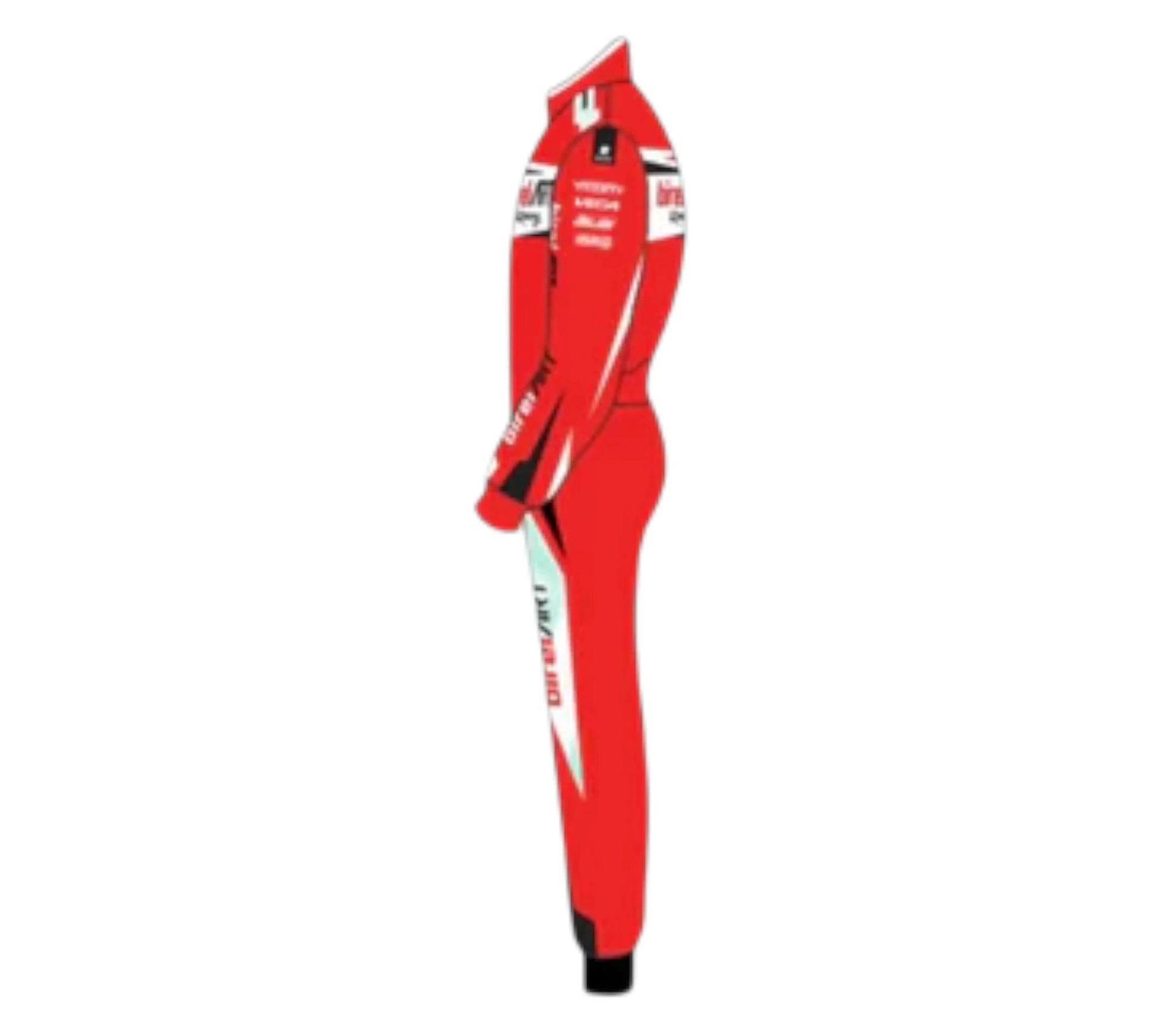 Red racing suit with branding on a white background