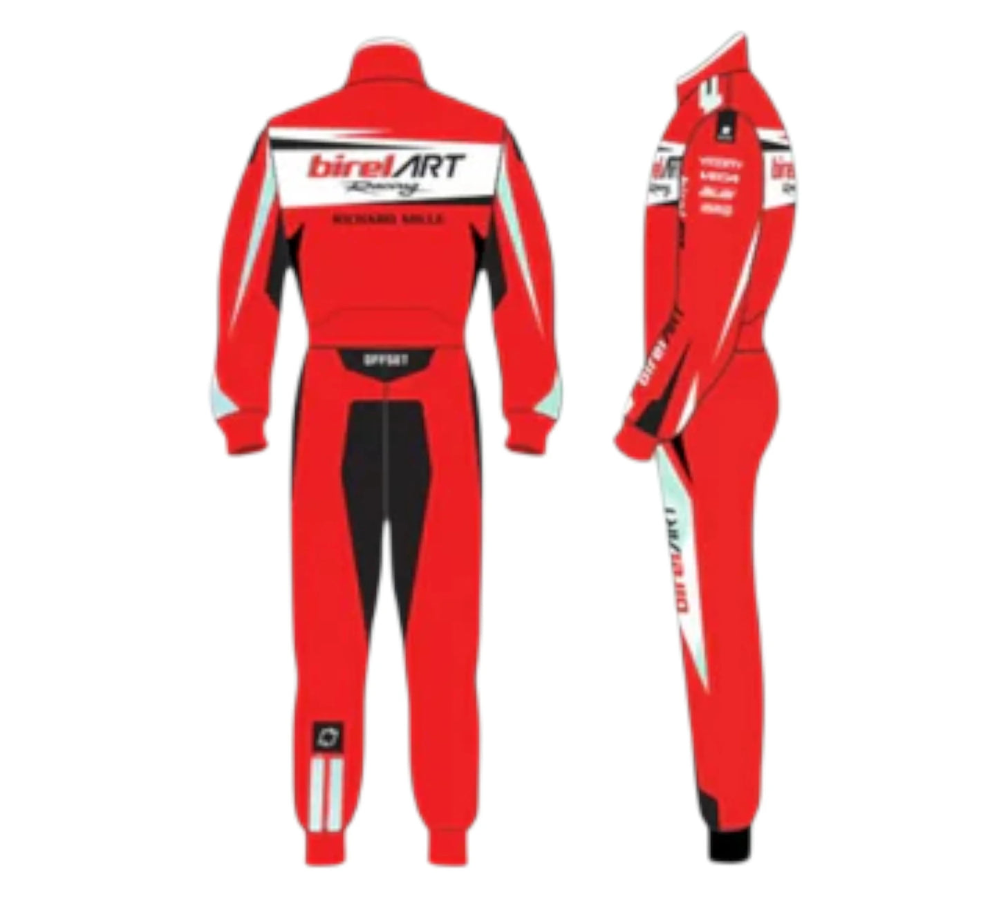 Red racing suit with branding on a white background