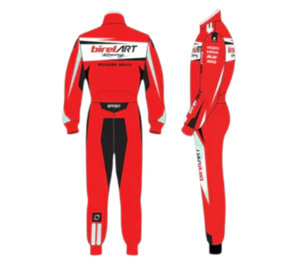 Red racing suit with branding on a white background