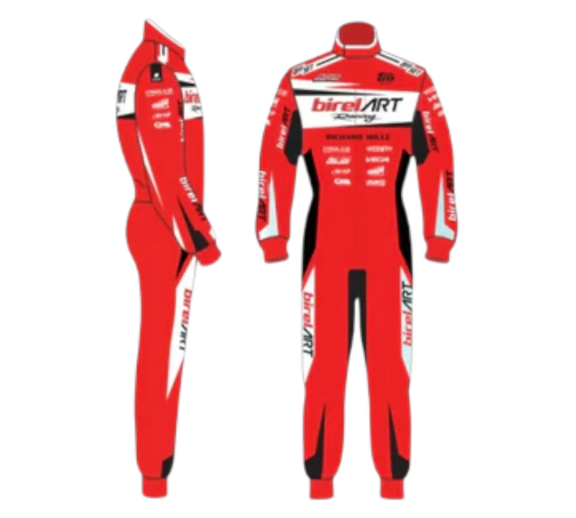 Red racing suit with 'Birel Art' branding on a white background