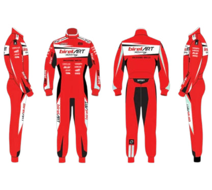 Red racing suit with Birel ART branding on a white background